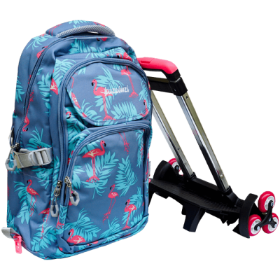 Ghiozdan scolar tip troller, 3 fermoare, multifunctional, cu model imprimat flamingo, 46x30x14 cm